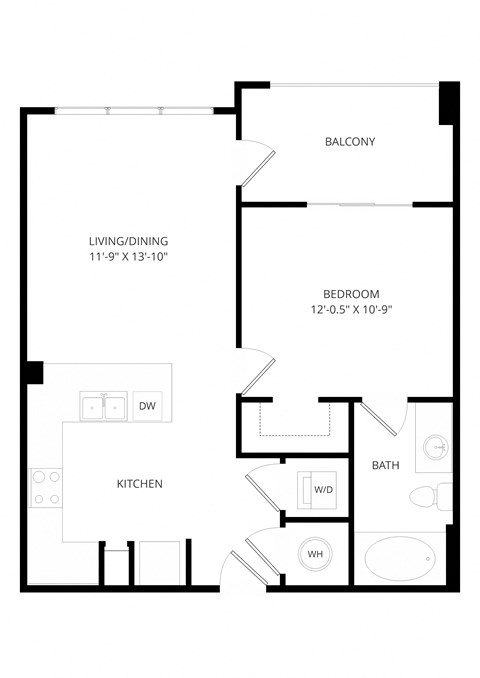 A black and white image of a floor plan for a small apartment.